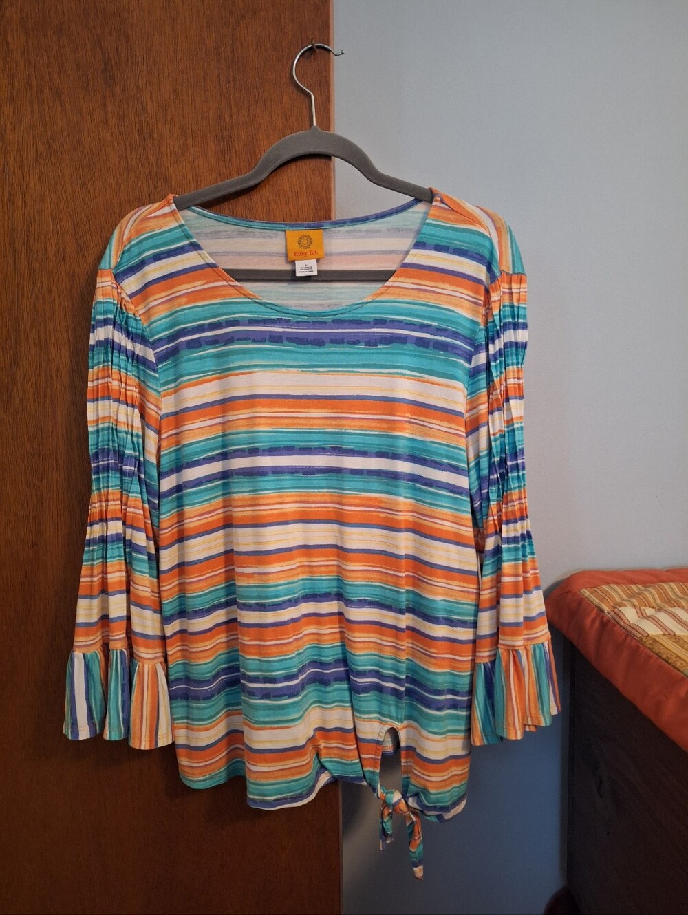 Ruby Rd. Striped Long Bell-Sleeve Front Tie Top Women's Size L